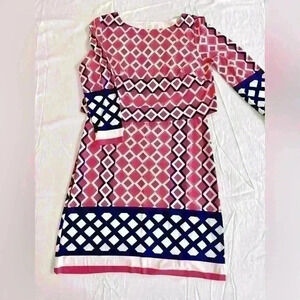Donna Morgan dress, pretty fuchsia, coral, navy print, sz 10, with drop waist.